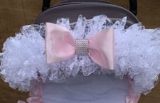 PRAM/PUSHCHAIR WHITE FRILLY PINK BLING BOW HOOD TRIM - UNIVERSAL - ROMANY