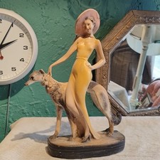Large Chalkware Art Deco Figure 1930s Woman Dog Borzoi Russian Wolfhound Santini