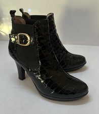 RUSSELL & BROMLEY Black Croc Patent Leather Heeled Buckle Boots UK3 RRP £185