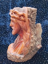 Hand Carved Tree Wood Jesus Christ Sculpture Natural Bark Log 9.5" High