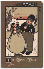 Christmas Dutch Children Mistletoe - Vintage Artist Drawn Postcard M05C