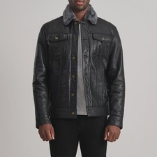 Handmade Men's Black Trucker Leather Jacket | Shearling Collar, Faux Fur Lined