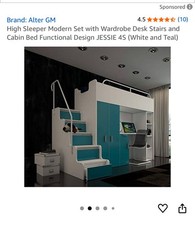 Kids High Sleeper Bed with Desk, Wardrobe, and Storage Stairs. Gloss White/Teal