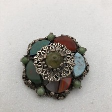 Vintage Miracle Brooch Moss Agate Pin Round Jewellery Scottish Celtic Pewter