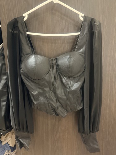 Black faux leather corset top - black,