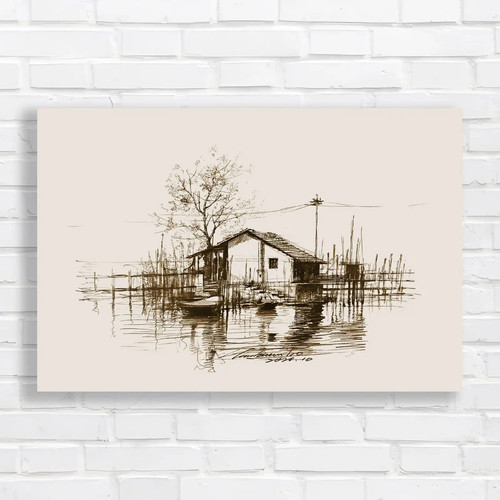 Lakeside cabin sketch sepia - lakeside,