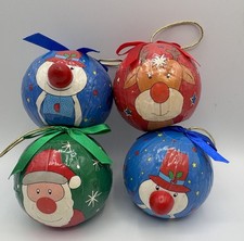 Set of 4 Vintage Decoupage Christmas Baubles Santa Snowman Reindeer