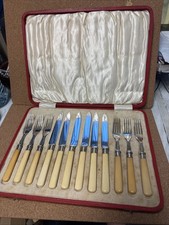 Vintage Silver Plated 6 Fish Knives & Fork Set In Box Epns