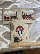 Job Lot Of 3 Vintage 6” / 15cm Mirror Tiles Train Hot Air Balloon