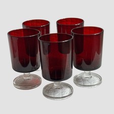 Vintage Luminarc Arcoroc Set Of 5 France Ruby Red Glasses Clear Stem Retro
