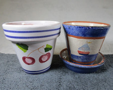 2 Lovely Vintage Boat & Fruit Design Terracotta Hand Painted Plant Pots