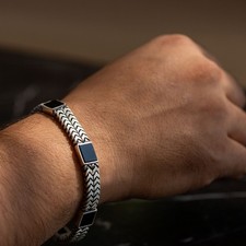 Men's 925 Sterling Silver Black Onyx Gemstone 10mm Cuban Curb Chain Bracelet