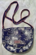 Cath Kidston Blue Cat Print Curved Saddle Bag Shoulder Mono Cute Kitten