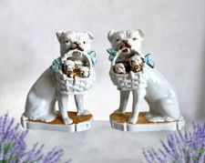 Rare Pair of Antique Staffordshire Bulldog Pug Figurines with Puppies in Baskets