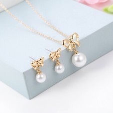 White Pearls Crystal Diamante Silver Necklace And Earrings Set Costume Jewellery