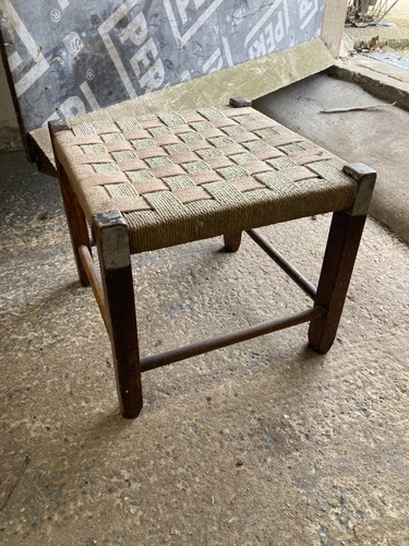 Wooden frame woven footstool - wooden,