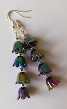 Long Drop / Dangle Flower Earrings - Rainbow Bells / Blossoms - Silver Plated 