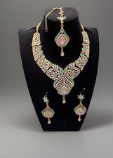 Asian Indian Pakistani Jewellery Rhinestone multicolour Necklace Earrings Tika