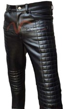 MENS REAL BLACK LEATHER PANTS QUILTED MOTORCYCLE JEANS BIKER MOTORBIKE TROUSERS