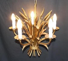A VINTAGE TOLEWARE CHANDELIER, GOLD TOLE WHEATSHEAF CEILING LIGHT  (ag11)