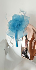 Ladies Teal Blue Headband Fascinator With Mesh Roses & Feathers