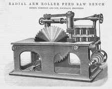 ROBINSON & SON Rochdale Radial Arm Roller Feed Saw Bench Antique Print 1892