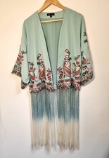 Zara Kimono Size S M Tassel Fringe Blue Floral Embroidered Boho Festival