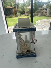Nautical Lighthouse Hurricane Lantern,Candle Tealight Holder,Seaside Seashells