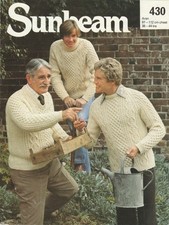 Men's Jumper Vintage Aran Knitting Pattern Copy Sunbeam 430 38-44 ins chest