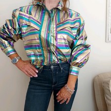 GOTTEX MID CENTURY SHINY STRIPED JAZZY RAINBOW SHIRT SIZE S BAGGY FIT VINTAGE.