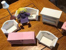 Group of Wooden Toy Dolls House Furniture  - Sitting room Items + 1 Figure