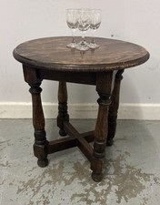 Vintage Oak Round Side Table, Small Occasional Table, Rustic Lamp Table