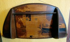 Rare French 1930s Wooden Inlay Scene Art Marquetry Display Shelf 75 X 41 Cms