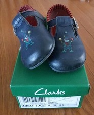 Vintage Clark's Pippo baby boy clown navy lea blue leather t-bar shoes. 5 G 77G