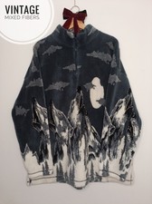 Grey Blue Half Zip Fleece Wolfs Moon Clouds Design Vintage Unisex size XL