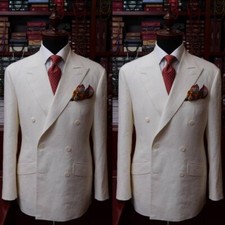 White Linen Men Suits Double Breasted Peak Lapel Formal Party Men Tuxedos