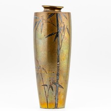 Antique Japanese Bronze Bamboo Vase Gilt Shakudo Art Meiji Period 19th Century