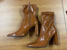 Ladies Brown Patent Leather Ankle Boots Size 6