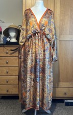 Lovely Paisley Silk Blend Multi Printed Kimono Kaftan Maxi Dress One size Plus  