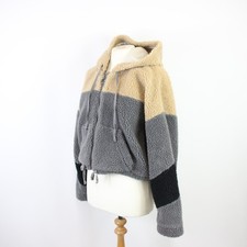 HOLLISTER Cropped Teddy Jacket Hooded Zip-Up Grey & Beige Fleece Size XL - EHB