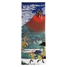 Lucky Cat Japanese Cotton Tenugui Wash Cloth Red Fuji Ukiyoe Hokusai