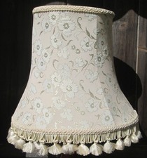 Vintage 13" Oval Bell Silk Empire Lampshade Cream / Gold Shiny Floral Pom-Poms