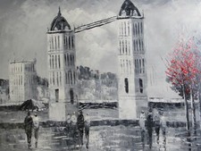 London large oil painting canvas British English Tower Bridge Black White Red
