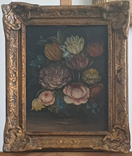 Vintage oil painting on board Still life Flemish flowers signed framed
