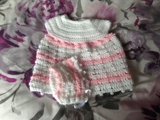 A new hand crochet premature baby girl dress & hat set made in white & pink dk y
