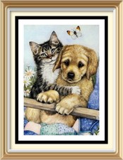 Vintage Art Print Tabby Cat Kitten PUPPY LOVE Golden Lab Retriever Pup Dog Cute