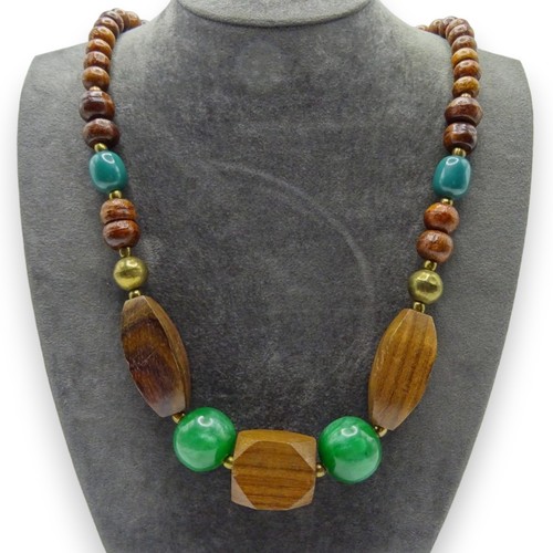 Mixed wood bead necklace green - necklace,
