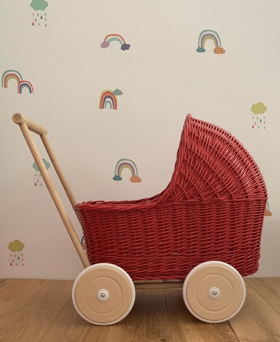 Red wicker doll - red, pram