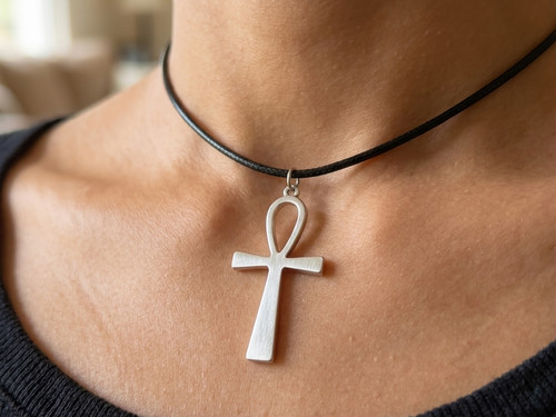 Silver ankh pendant black - pendant, a