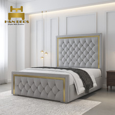 Golden Strip Bed Frame Chesterfield Plush Velvet Upholstered Ottoman Gas Lift UK